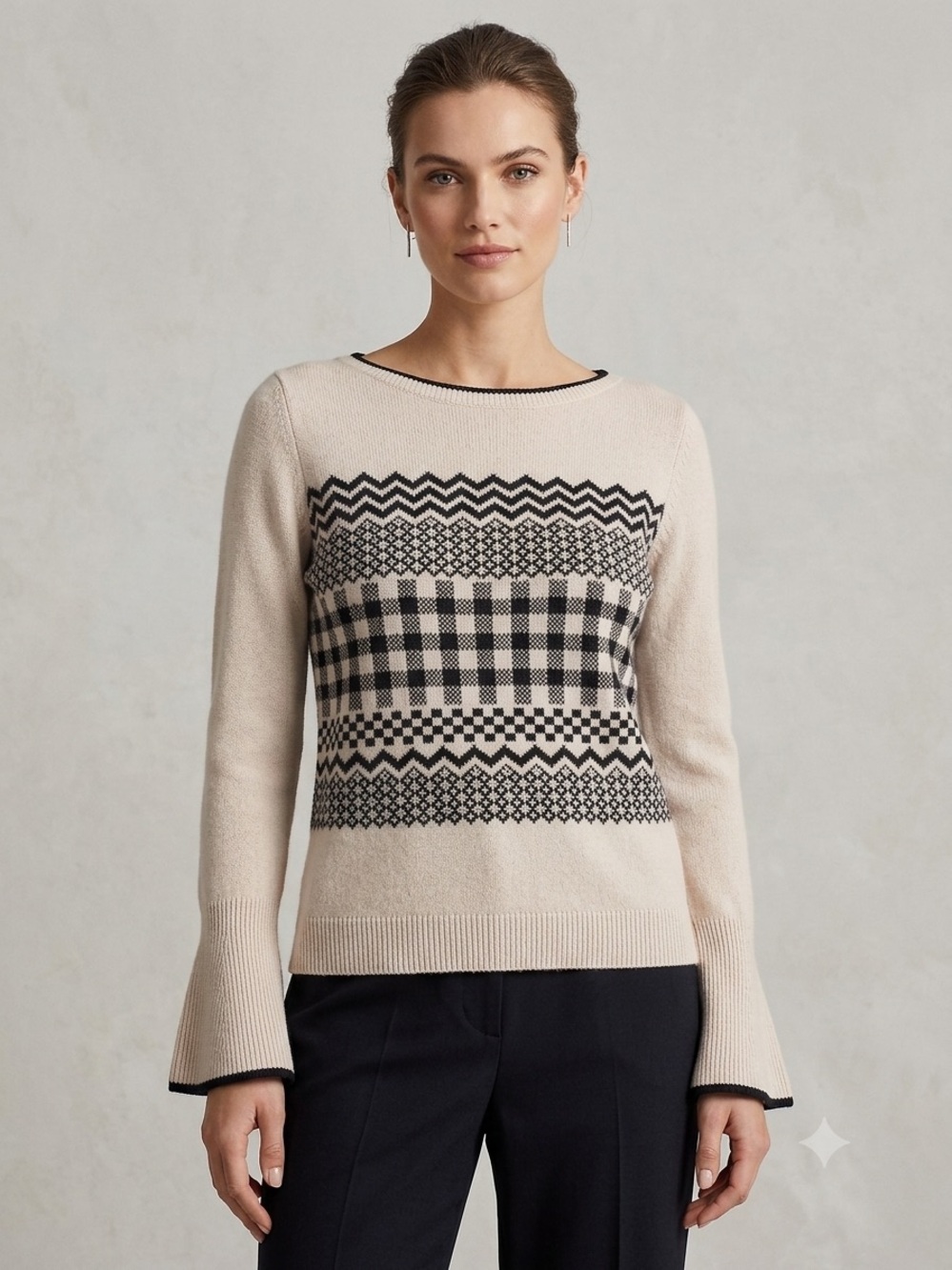 Talbots Cream with Black Fair Isle & Gingham Panel Bell Sleeve Sweater SZ L